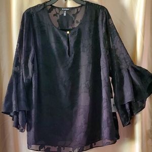 Ellen Tracy Black Sheer Floral Embossed Blouse w/ Slit Bell Sleeves